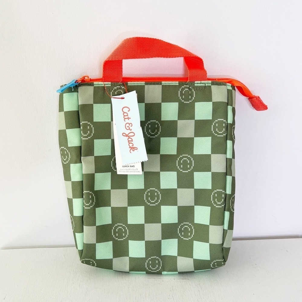 Cat & Jack Lunch Bagβ Green Checkered Smiley Face Orange Handle NWT